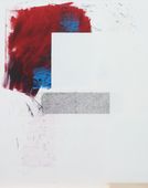 zweifarbige rote expressive Form oben links mit blauem Druck, Bleistiftfläche in der Mitte, übermalt, weiße Serie